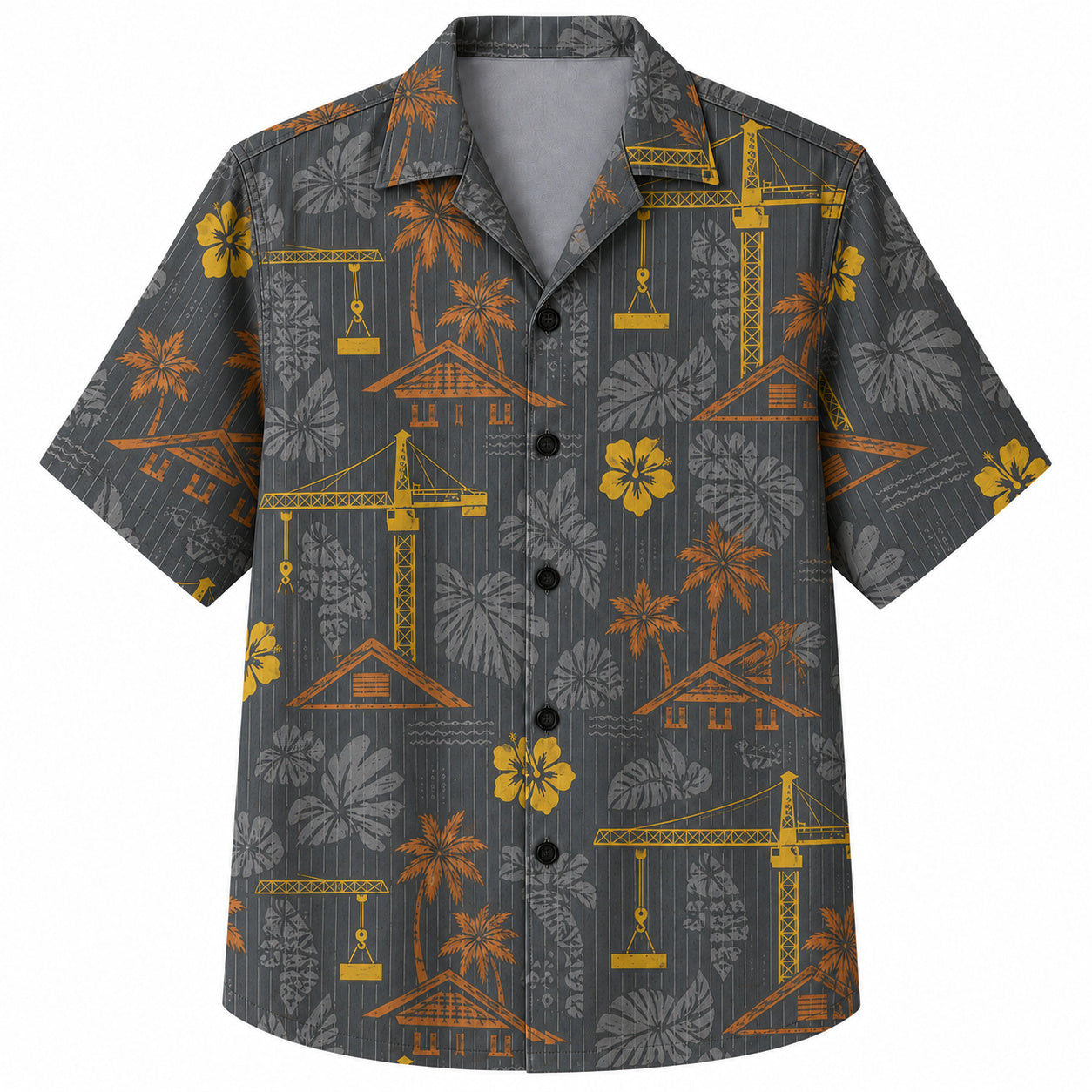 Labor Day Hawaiian Shirt- Crane and Palm Silhouette in Charcoal Grey