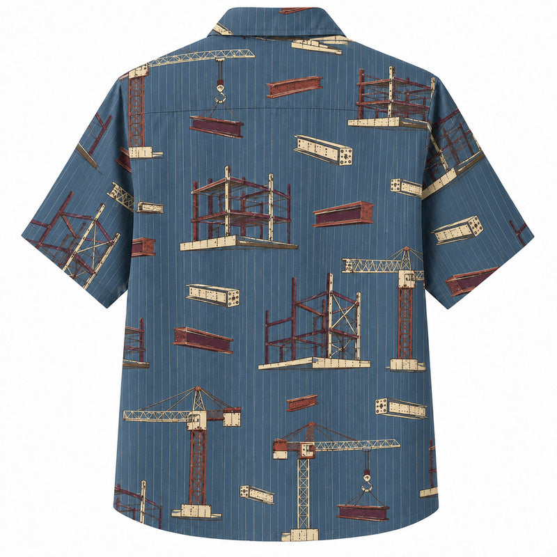 Labor Day Hawaiian Shirt- Crane and Steel Beam Print on Blue Pinstripe