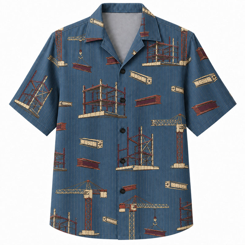 Labor Day Hawaiian Shirt- Crane and Steel Beam Print on Blue Pinstripe