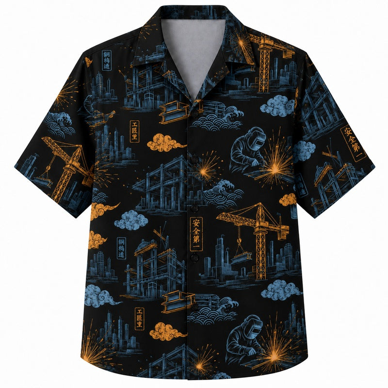 Labor Day Hawaiian Shirt- Crane and Welding Skyline Print for Men