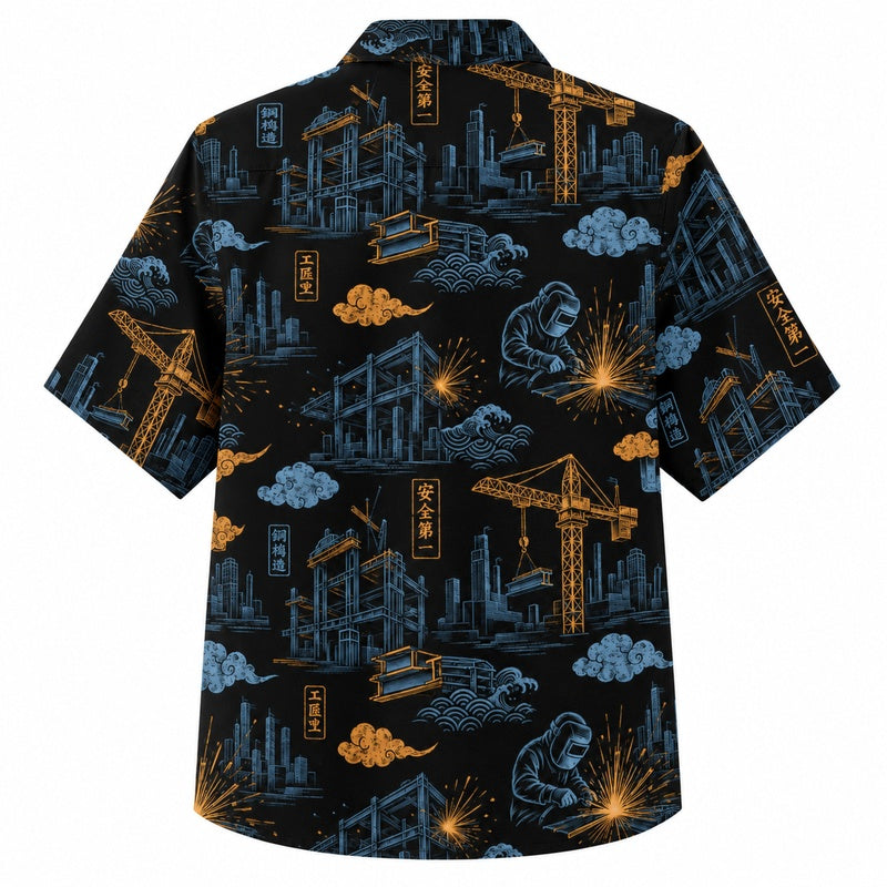 Labor Day Hawaiian Shirt- Crane and Welding Skyline Print for Men