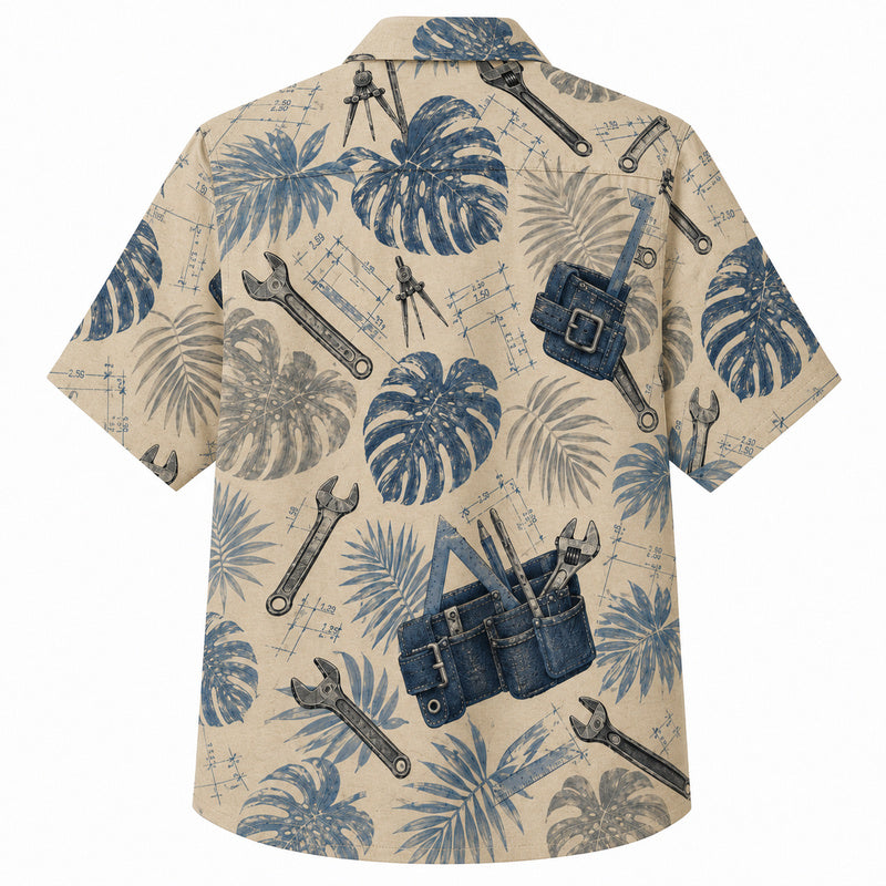 Labor Day Hawaiian Shirt- Cream Blueprint Leaf and Tool Pouch Print