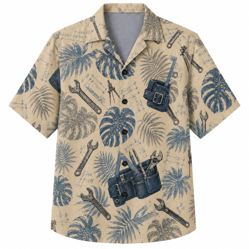 Labor Day Hawaiian Shirt- Cream Blueprint Leaf and Tool Pouch Print