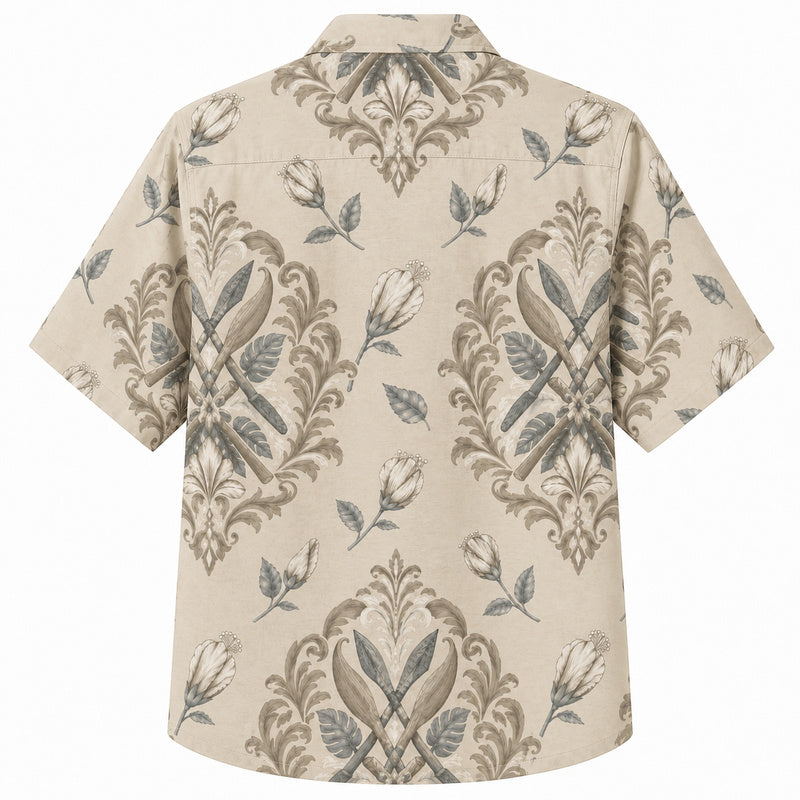 Labor Day Hawaiian Shirt- Cream Damask Crossed Tool and Bud Print