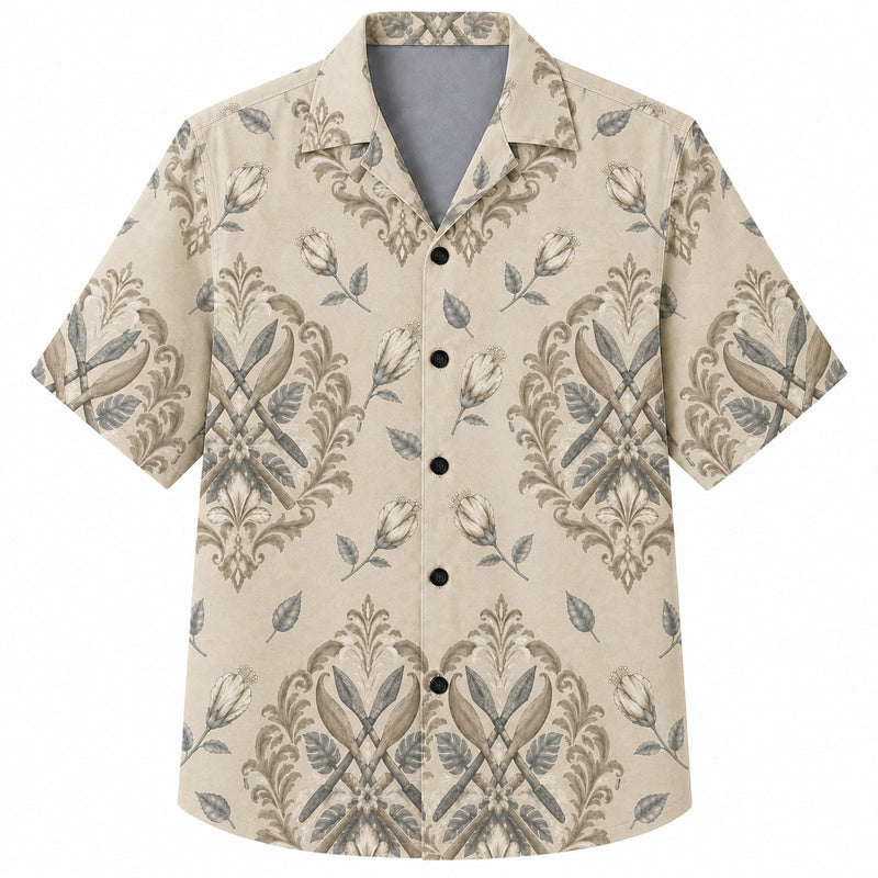 Labor Day Hawaiian Shirt- Cream Damask Crossed Tool and Bud Print