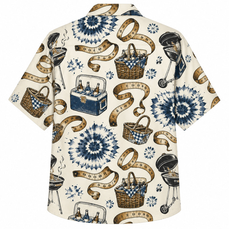 Labor Day Hawaiian Shirt- Cream Picnic Basket and Grill Print