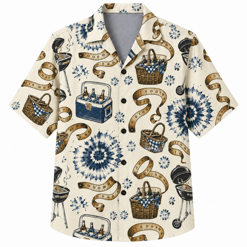 Labor Day Hawaiian Shirt- Cream Picnic Basket and Grill Print