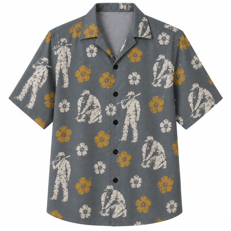Labor Day Hawaiian Shirt- Crew Silhouette Hibiscus Print for Workers
