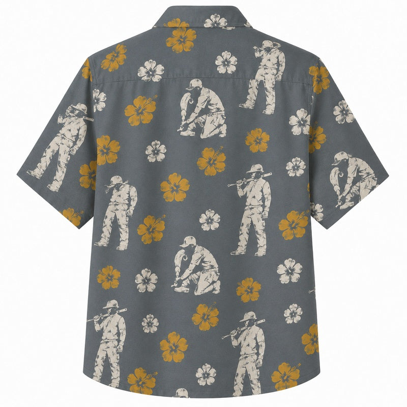 Labor Day Hawaiian Shirt- Crew Silhouette Hibiscus Print for Workers