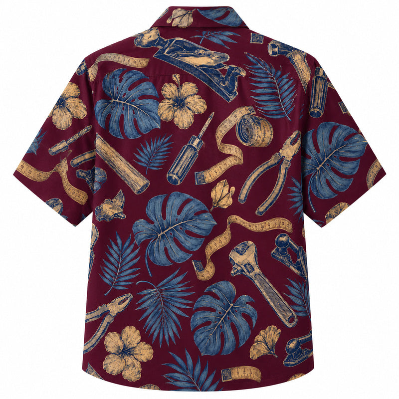 Labor Day Hawaiian Shirt- Crimson Wrench Plier and Leaf Print
