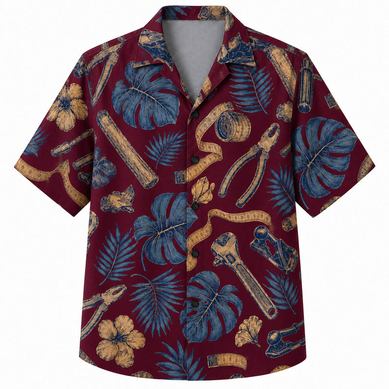 Labor Day Hawaiian Shirt- Crimson Wrench Plier and Leaf Print