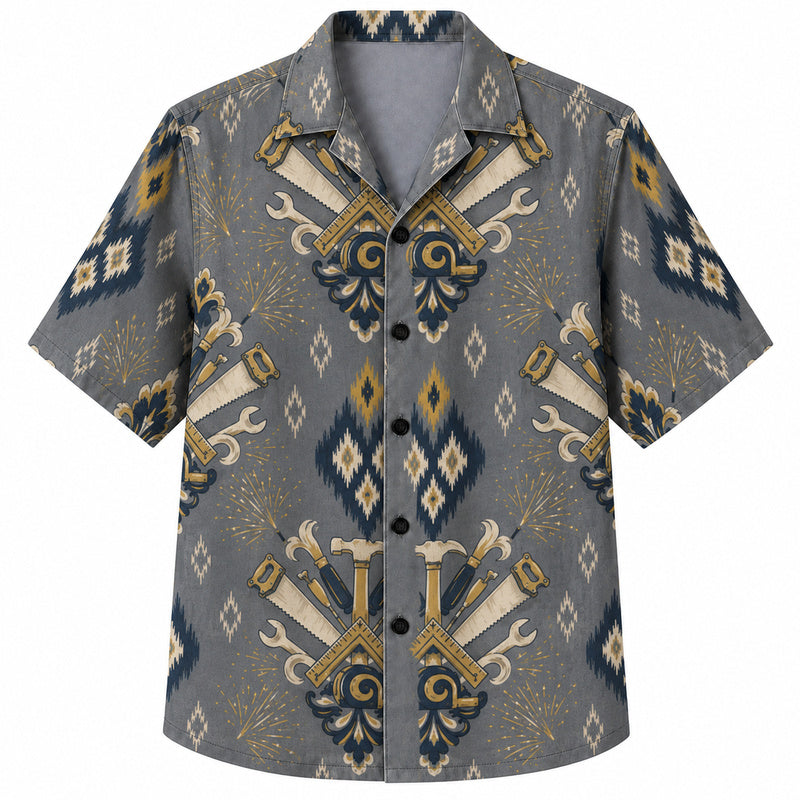 Labor Day Hawaiian Shirt- Crossed Hammer Ikat Design for the Long Weekend