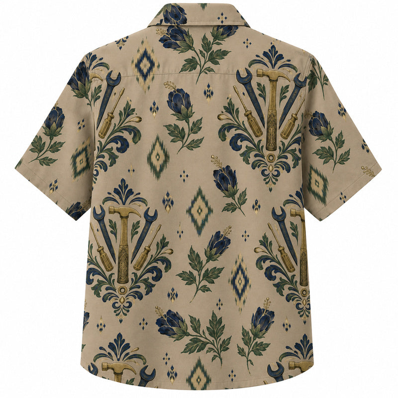 Labor Day Hawaiian Shirt- Damask Hammer Bloom Pattern for the Long Weekend