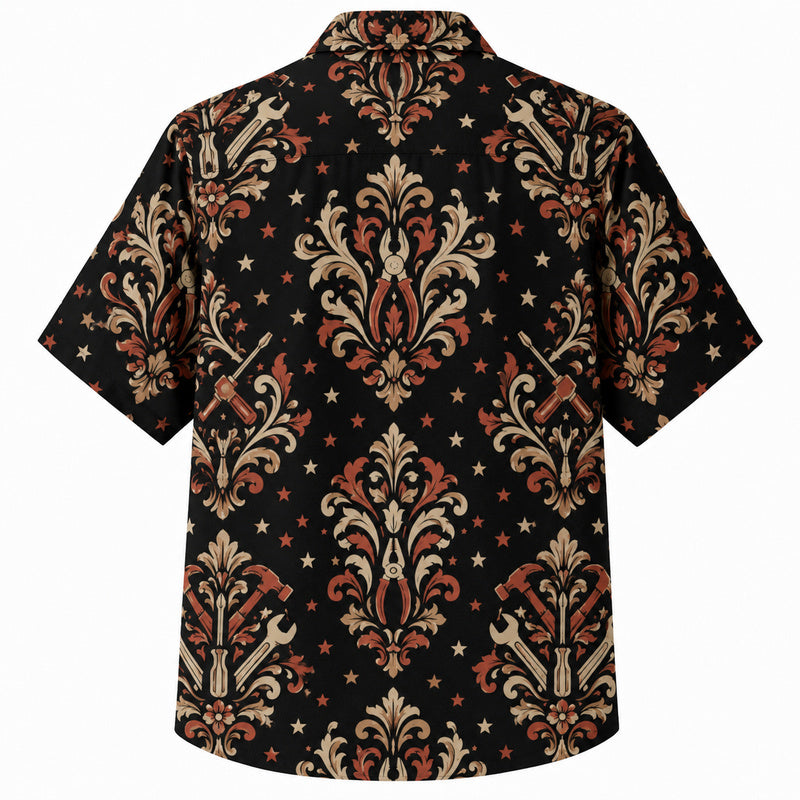 Labor Day Hawaiian Shirt- Damask Hammer and Wrench Print for Workers