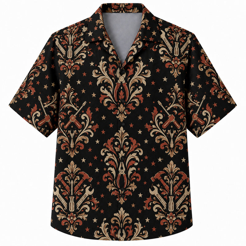 Labor Day Hawaiian Shirt- Damask Hammer and Wrench Print for Workers