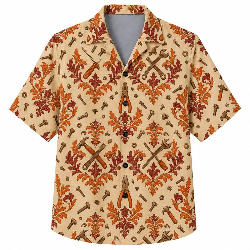 Labor Day Hawaiian Shirt - Damask Plier and Bolt Print for Tradesmen