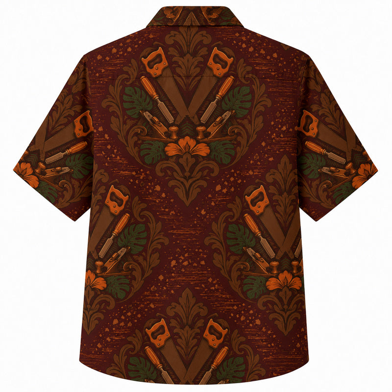 Labor Day Hawaiian Shirt - Damask Saw and Screwdriver Print for the Cookout