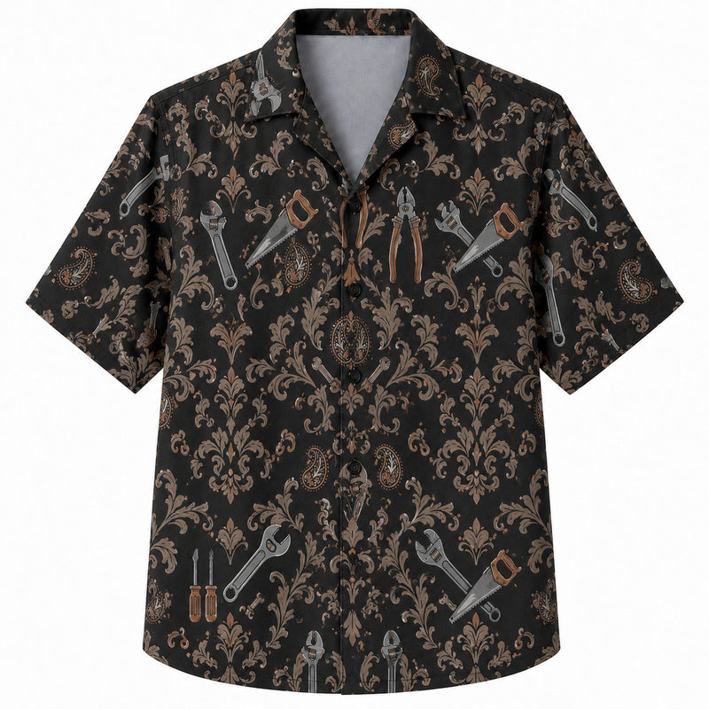 Labor Day Hawaiian Shirt- Damask Wrench Saw and Plier Tool Print