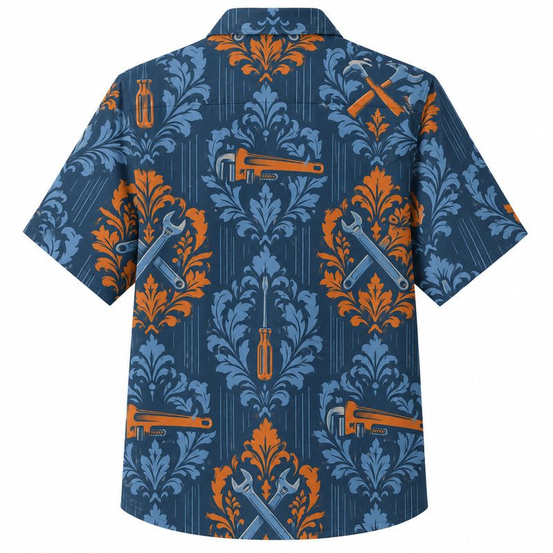 Labor Day Hawaiian Shirt - Damask Wrench and Pipe Tool Print for the Jobsite