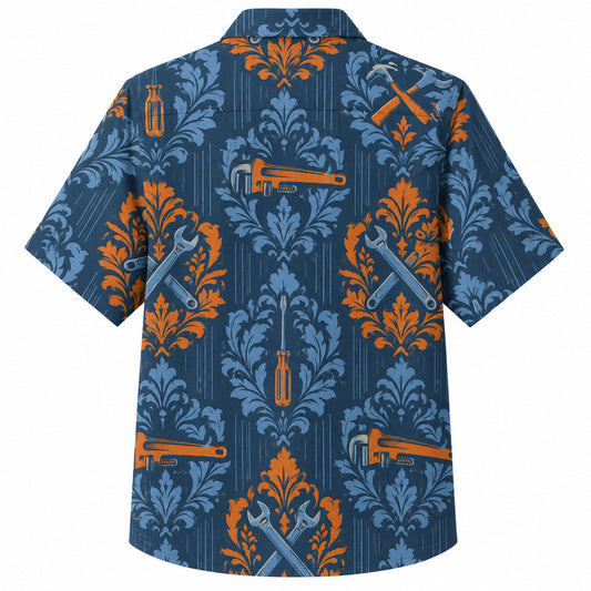 Labor Day Hawaiian Shirt - Damask Wrench and Pipe Tool Print for the Jobsite