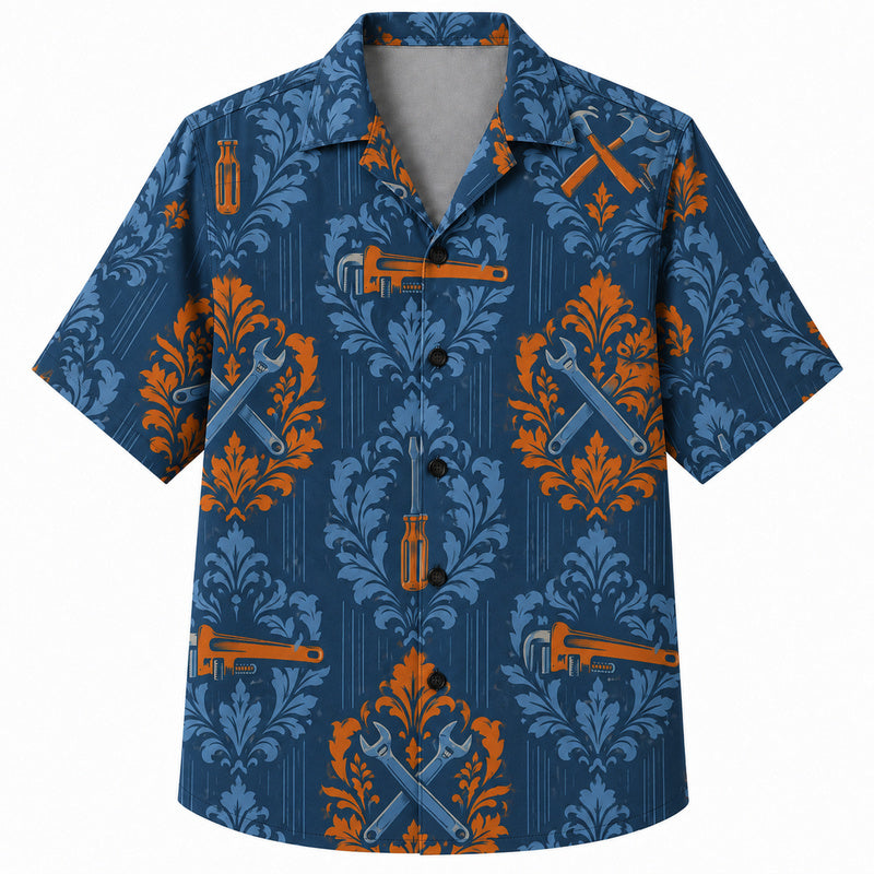 Labor Day Hawaiian Shirt - Damask Wrench and Pipe Tool Print for the Jobsite