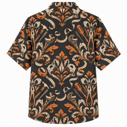 Labor Day Hawaiian Shirt - Damask Wrench and Tape Print for the Jobsite
