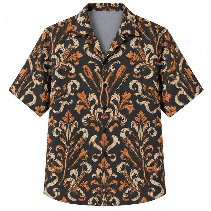 Labor Day Hawaiian Shirt - Damask Wrench and Tape Print for the Jobsite
