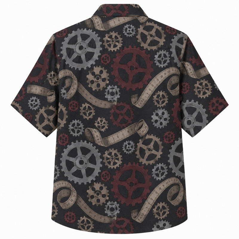 Labor Day Hawaiian Shirt- Dark Gear and Measuring Tape Print