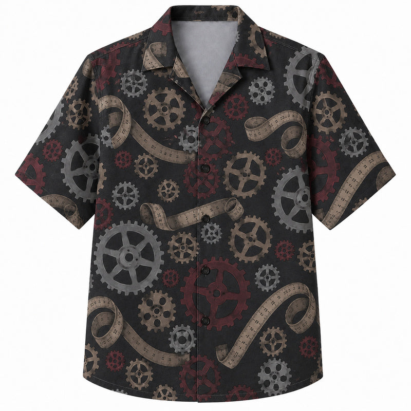 Labor Day Hawaiian Shirt- Dark Gear and Measuring Tape Print