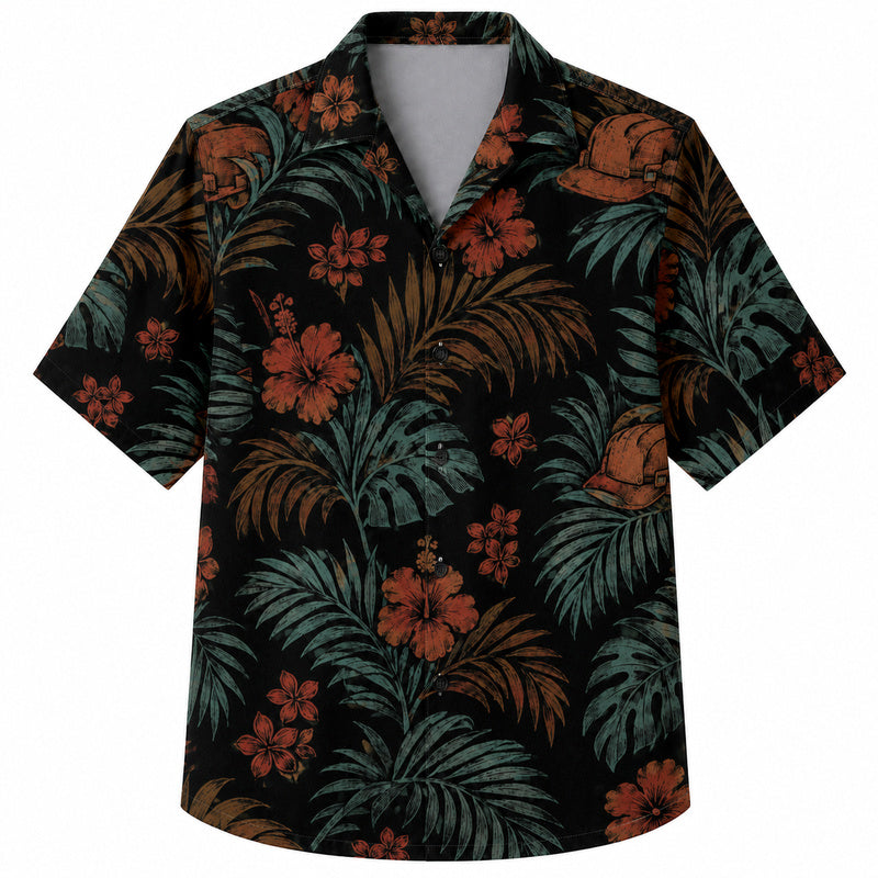 Labor Day Hawaiian Shirt- Dark Tropical Palm and Hard Hat Print