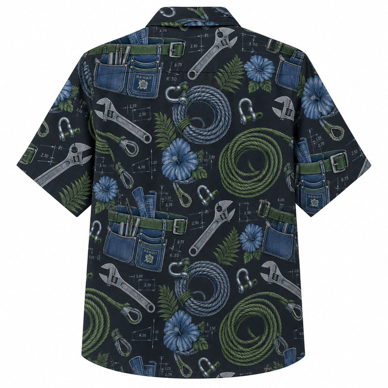 Labor Day Hawaiian Shirt- Dark Wrench Hose Coil and Bloom Print