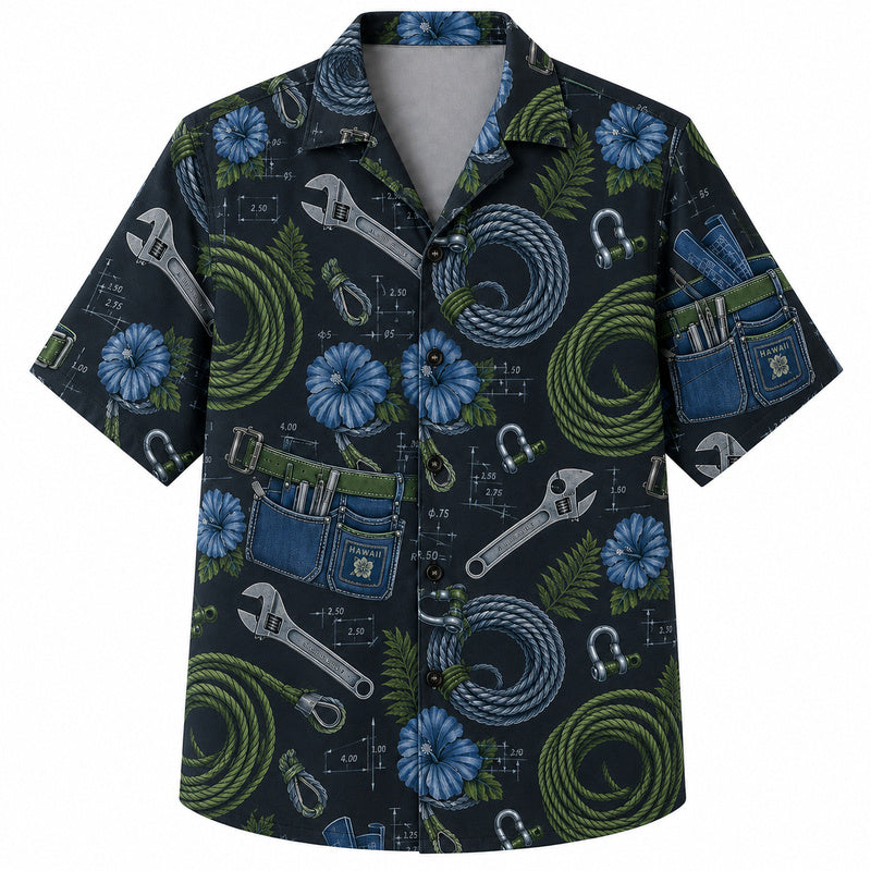 Labor Day Hawaiian Shirt- Dark Wrench Hose Coil and Bloom Print