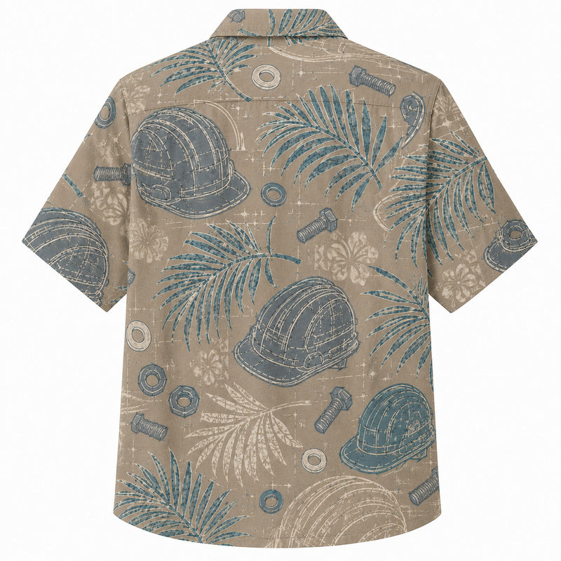 Labor Day Hawaiian Shirt- Denim Hard Hat and Washer Frond Print