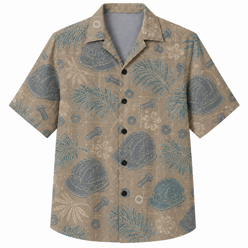 Labor Day Hawaiian Shirt- Denim Hard Hat and Washer Frond Print