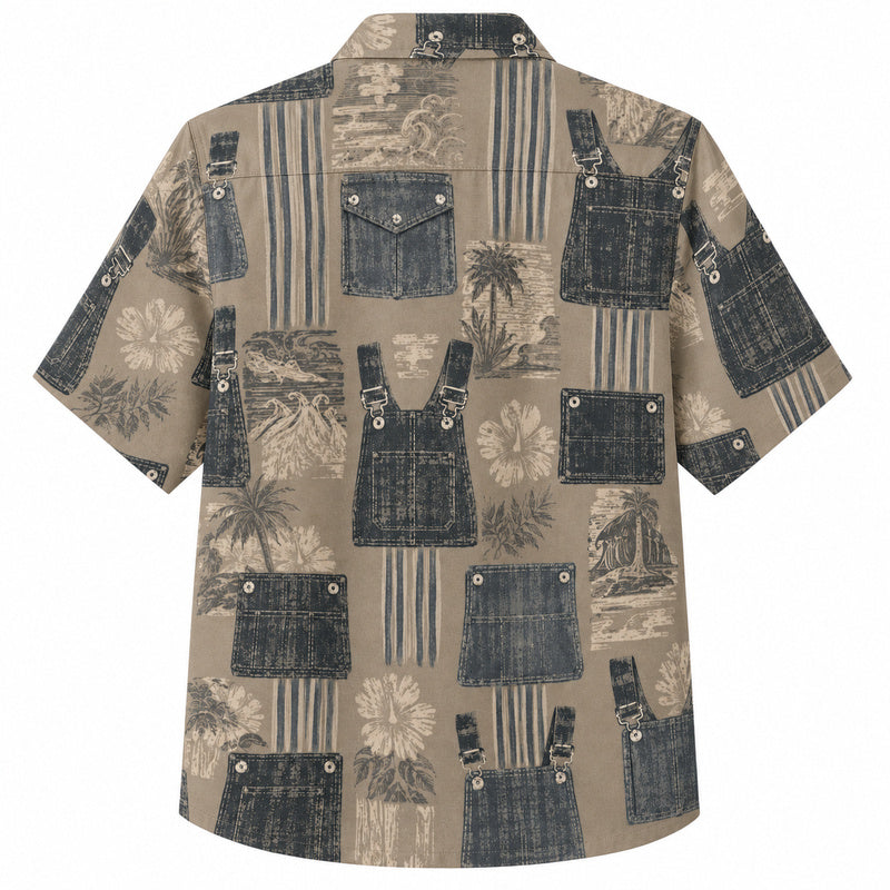 Labor Day Hawaiian Shirt- Denim Overall and Palm Stripe Print