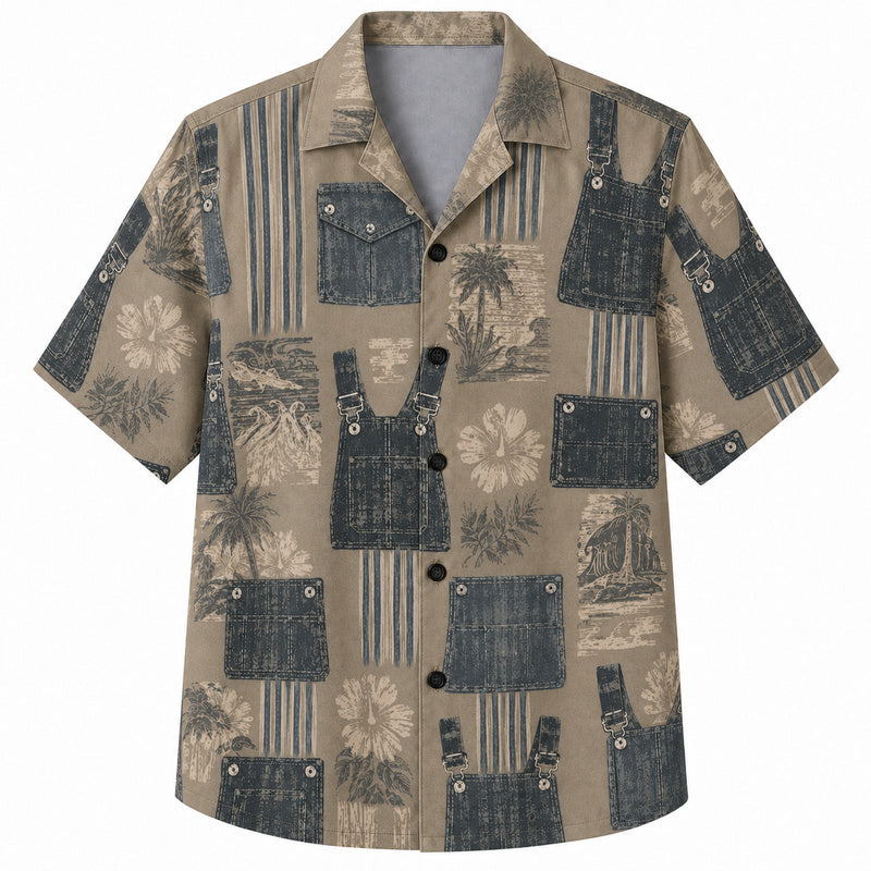 Labor Day Hawaiian Shirt- Denim Overall and Palm Stripe Print