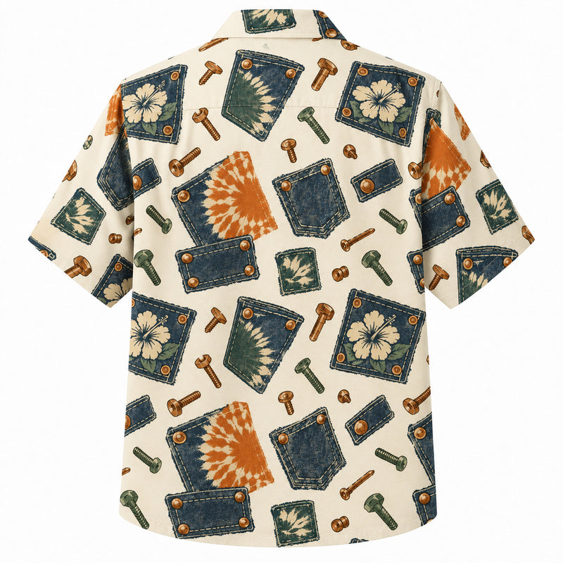 Labor Day Hawaiian Shirt - Denim Patch Bolt Hibiscus Print for Workers