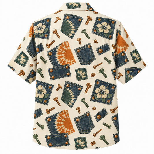 Labor Day Hawaiian Shirt - Denim Patch Bolt Hibiscus Print for Workers