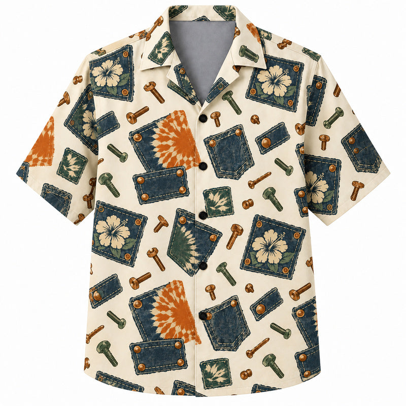 Labor Day Hawaiian Shirt - Denim Patch Bolt Hibiscus Print for Workers