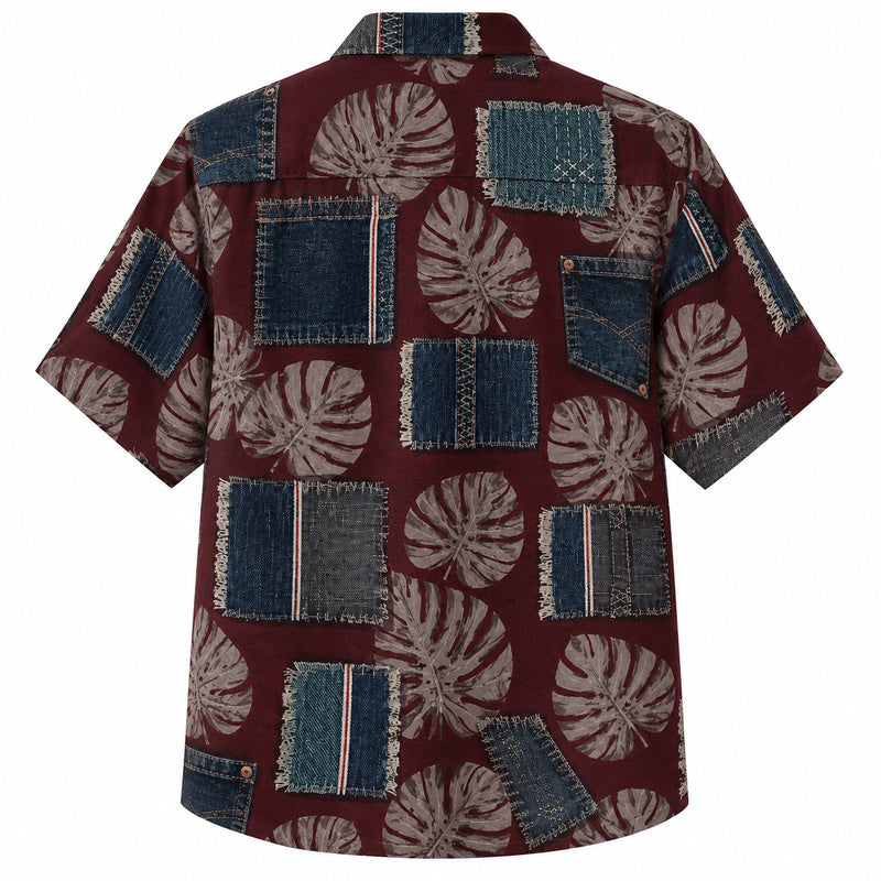 Labor Day Hawaiian Shirt- Denim Patch Monstera Design for the Long Weekend