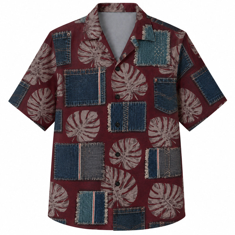 Labor Day Hawaiian Shirt- Denim Patch Monstera Design for the Long Weekend