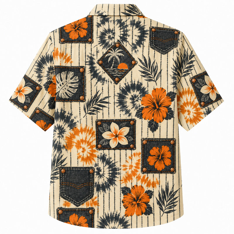 Labor Day Hawaiian Shirt - Denim Patch Tie-Dye Hibiscus Print for Summer