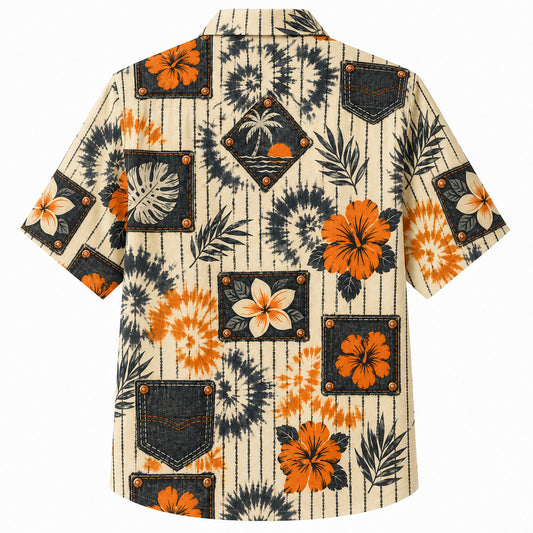 Labor Day Hawaiian Shirt - Denim Patch Tie-Dye Hibiscus Print for Summer