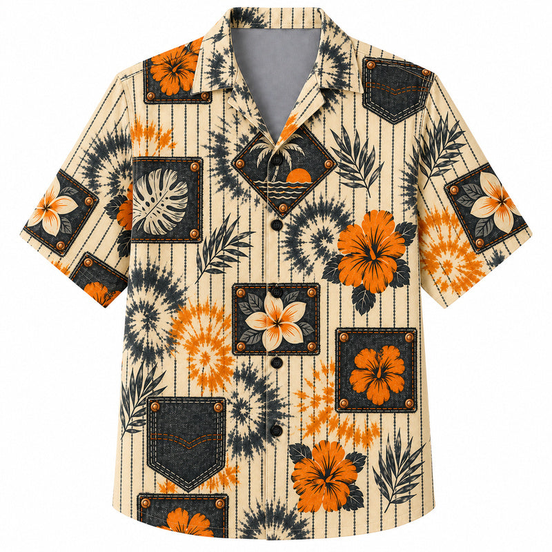 Labor Day Hawaiian Shirt - Denim Patch Tie-Dye Hibiscus Print for Summer