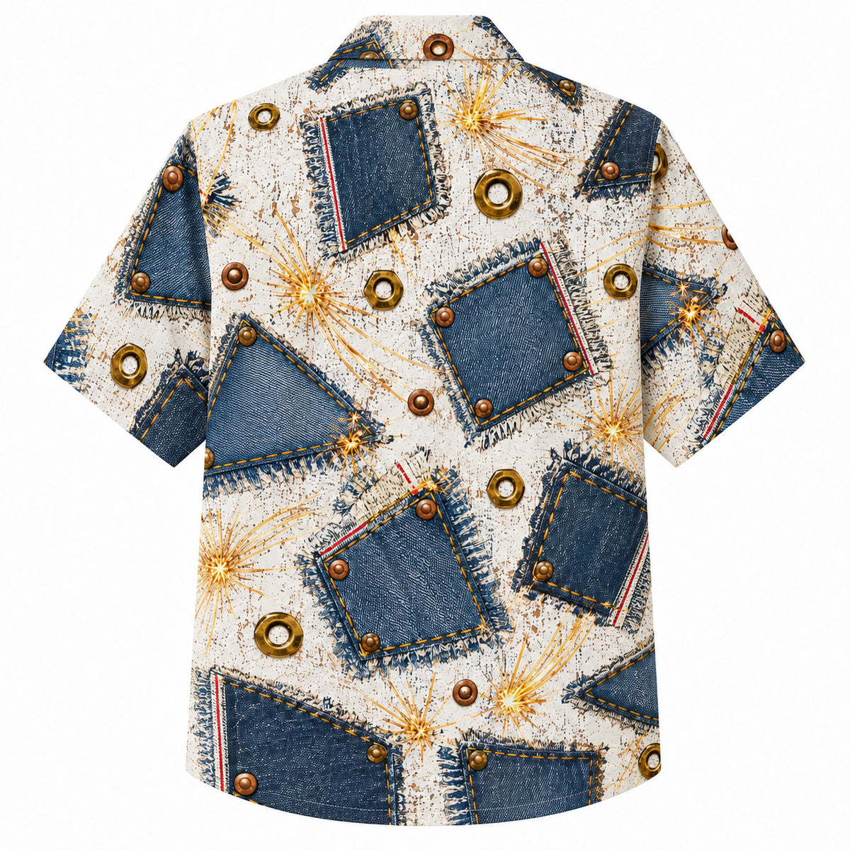 Labor Day Hawaiian Shirt- Denim Patch and Copper Rivet Spark in Cream