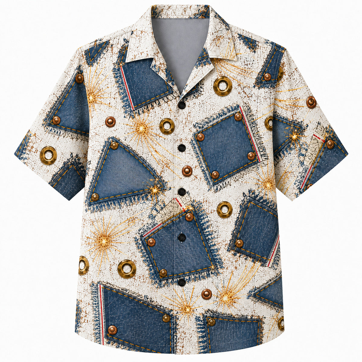 Labor Day Hawaiian Shirt- Denim Patch and Copper Rivet Spark in Cream