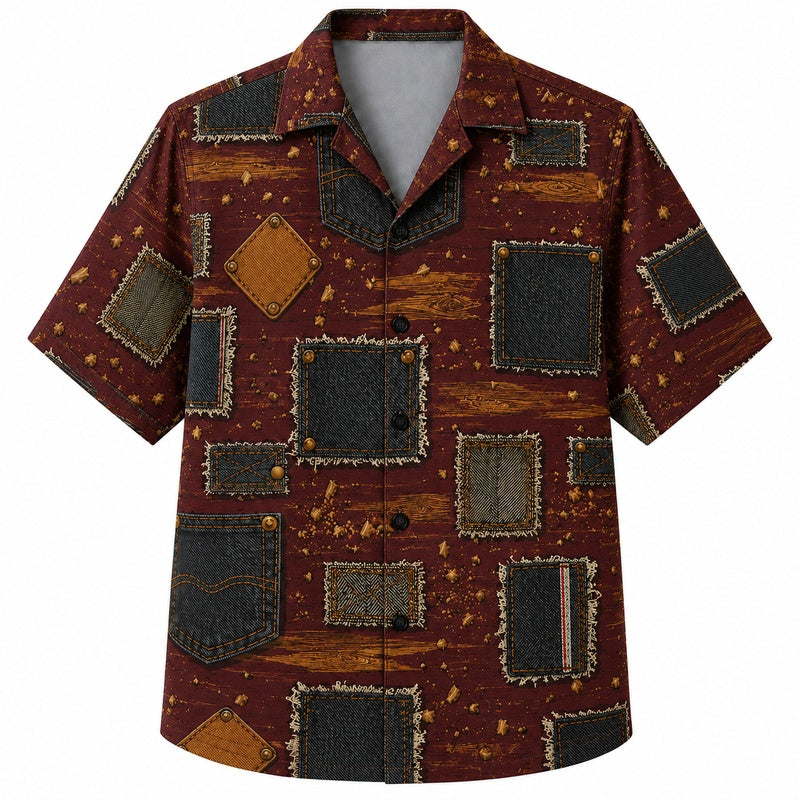 Labor Day Hawaiian Shirt- Denim Patchwork Pocket Print for Workers