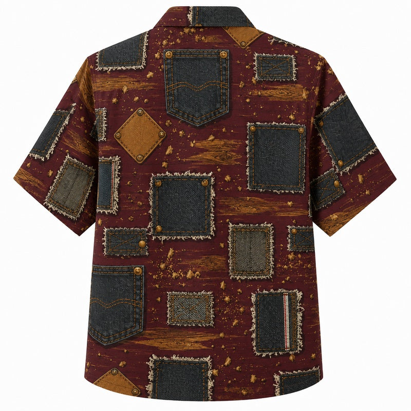 Labor Day Hawaiian Shirt- Denim Patchwork Pocket Print for Workers