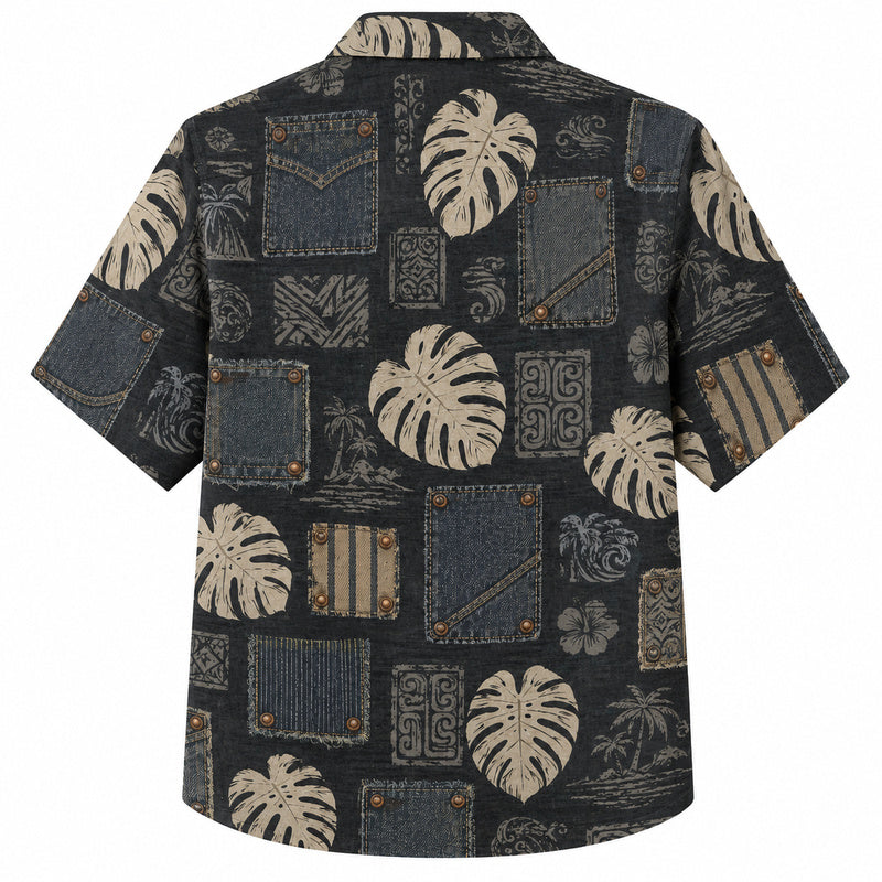 Labor Day Hawaiian Shirt- Denim Patchwork and Monstera Tiki Print