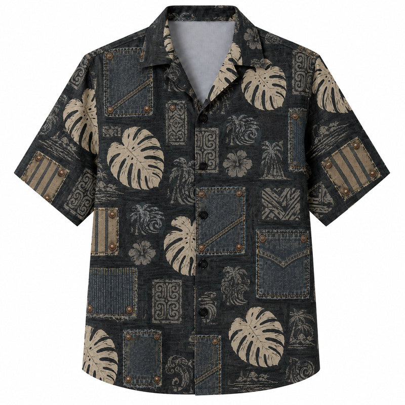 Labor Day Hawaiian Shirt- Denim Patchwork and Monstera Tiki Print